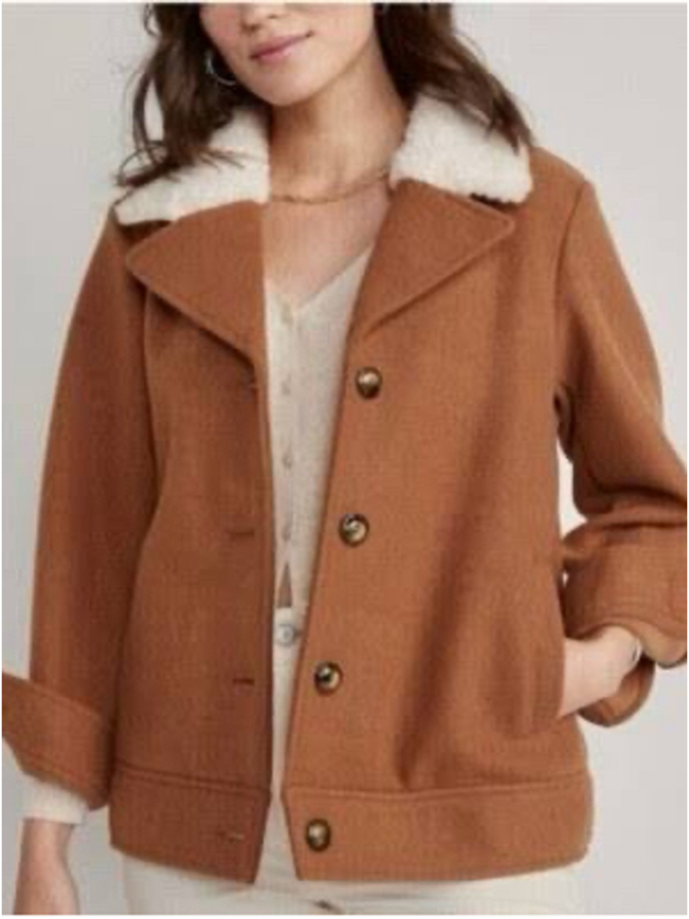 Old Navy Soft-Brushed Sherpa-Trim Jacket Size XS (19”) Brown White Sherpa Collar